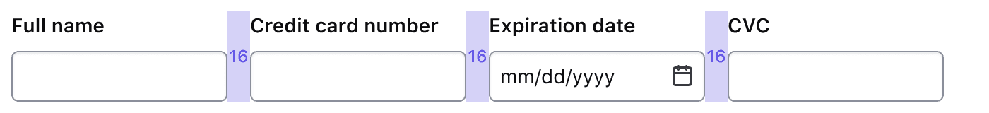 Three equal width fields for credit card information arranged in a single row